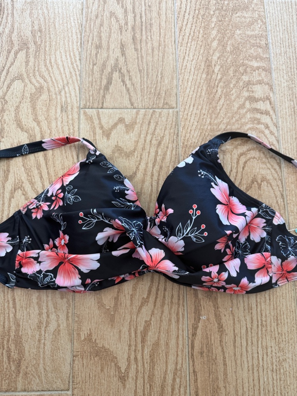Black Floral Bikini Top with Pink Hibiscus Print